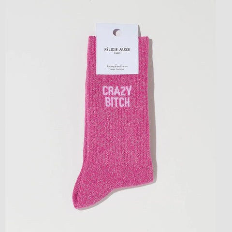 Chaussettes « Crazy Bitch » pailletées — Félicie Aussi — Fuchsia pailleté — photo produit | Appart 17 Bruxelles