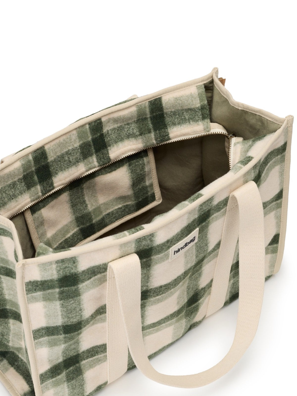 Hindbag Oscar Sac cabas zippé en tartan effet laine — Hindbag — Tartan vert — vue de l'intérieur 5 | Appart 17 Bruxelles