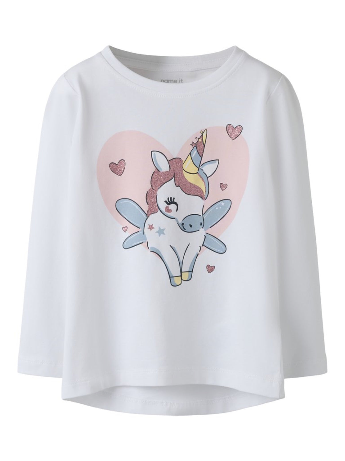 NMFVIX T-shirt manches longues imprimé fille — name it — Bright White Unicorn Heart — vue de face | Appart 17 Bruxelles