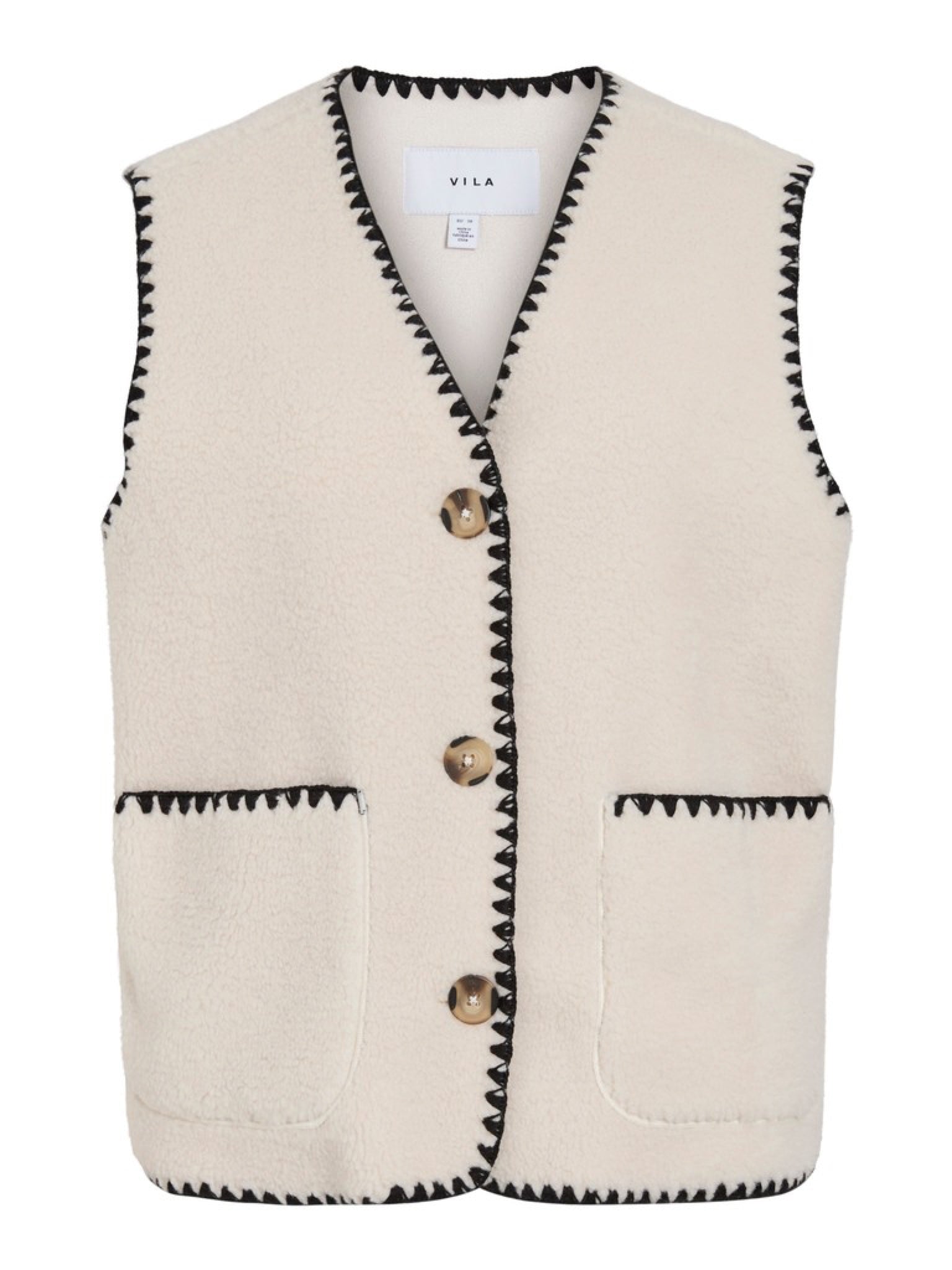 VITEDIRA Gilet sans manches en teddy col V, surpiqûres contrastées — VILA — Birch — packshot | Appart 17 Bruxelles