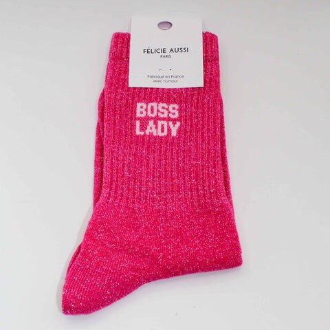 Chaussettes « Boss Lady » pailletées — Félicie Aussi — Rose fluo — photo produit | Appart 17 Bruxelles