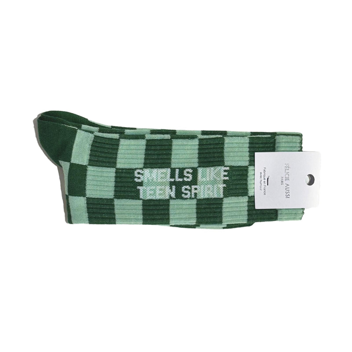Félicie Aussi Chaussettes « Smells like teen spirit » — Felicie Aussi — Damier vert — photo produit | Appart 17 Bruxelles