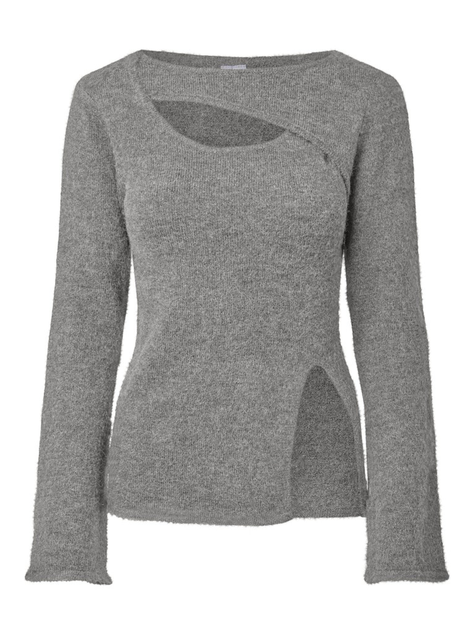 PCVALLIE Pull slim col rond à découpe et fente — Pieces — Medium Grey Melange — packshot | Appart 17 Bruxelles