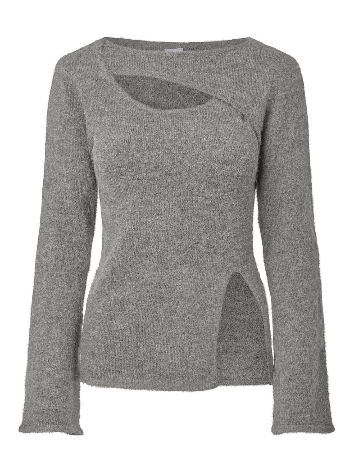 PCVALLIE Pull slim col rond à découpe et fente — Pieces — Medium Grey Melange — packshot | Appart 17 Bruxelles