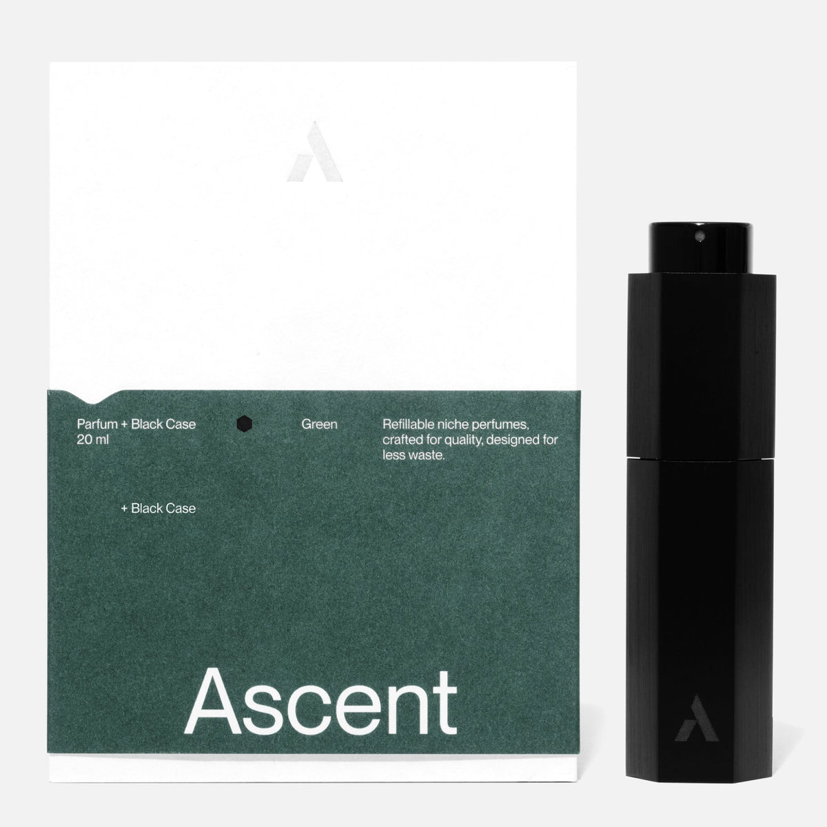 Ascent Starter Pack Étui rechargeable en aluminium + extrait de parfum 20 ml — Ascent — Green — packshot, coffret et étui noir 4 | Appart 17 Bruxelles