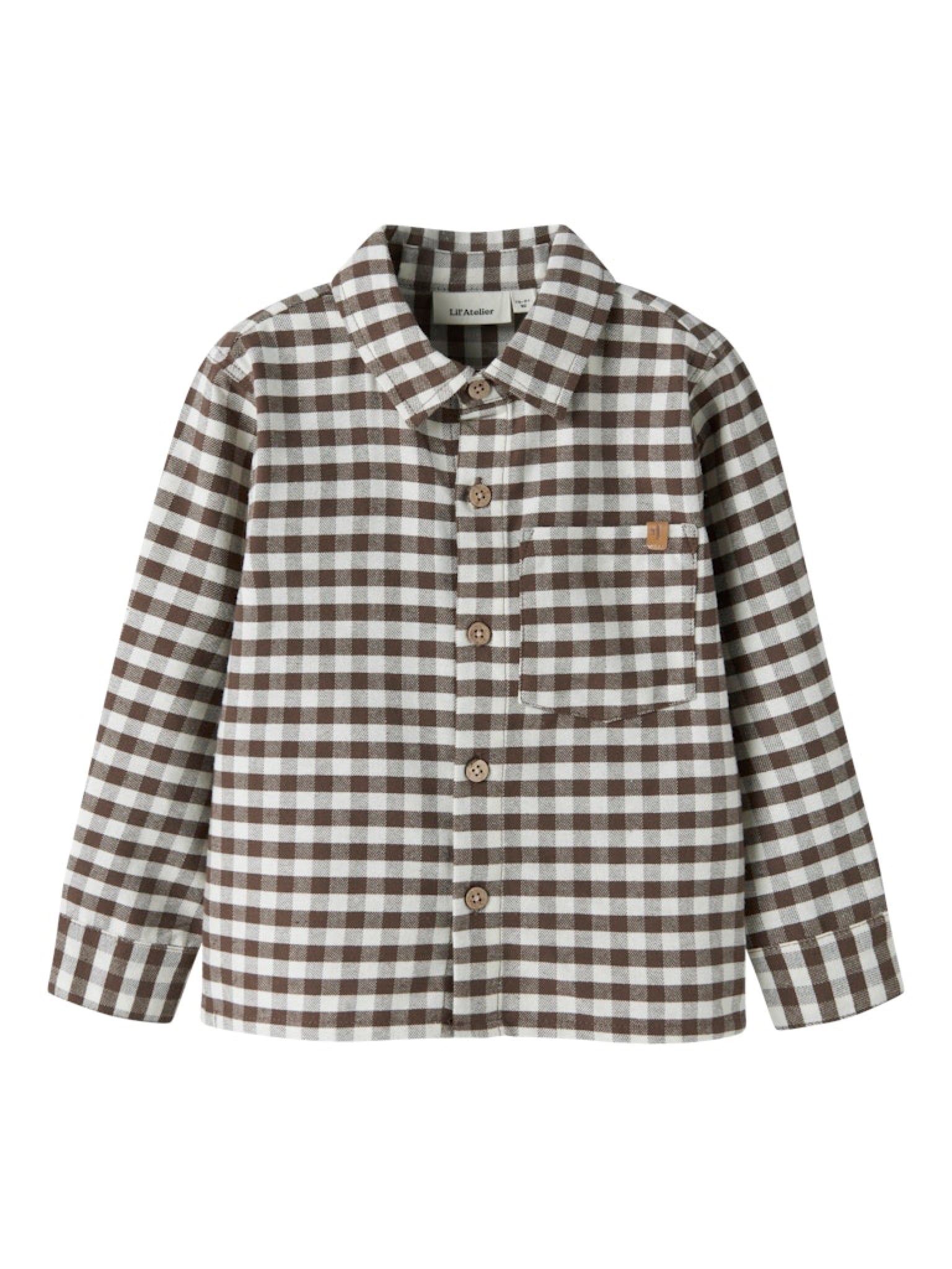 NMMNOKI Chemise en flanelle à carreaux garçon — Lil' Atelier — Teak — vue de face | Appart 17 Bruxelles