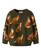 NMMOLA Pull jacquard renards ou ours garçon — name it — Olive Night — vue de face | Appart 17 Bruxelles