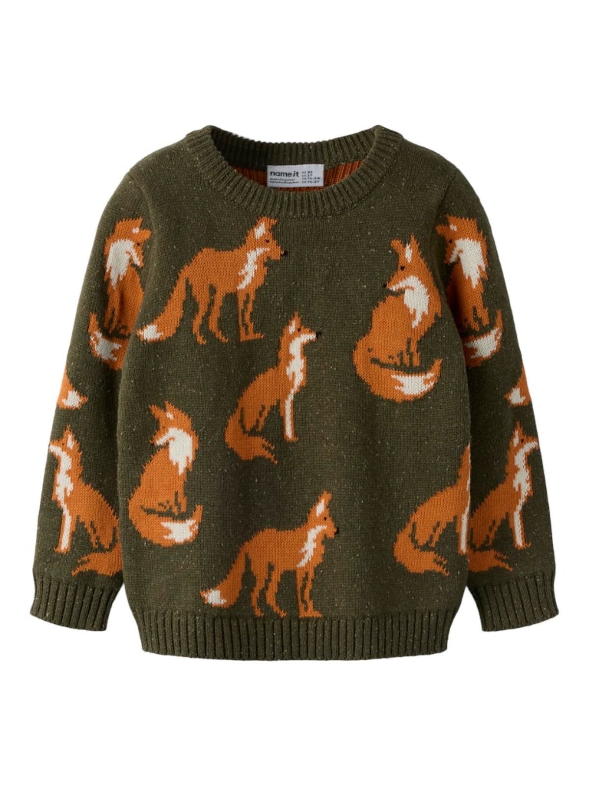 NMMOLA Pull jacquard renards ou ours garçon — name it — Olive Night — vue de face | Appart 17 Bruxelles