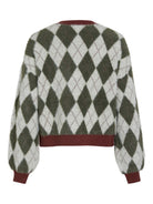 VITJEBBI Cardigan en maille argyle duveteuse, boutons dorés — VILA — Forest Night Checks — packshot, vue de dos 2 | Appart 17 Bruxelles