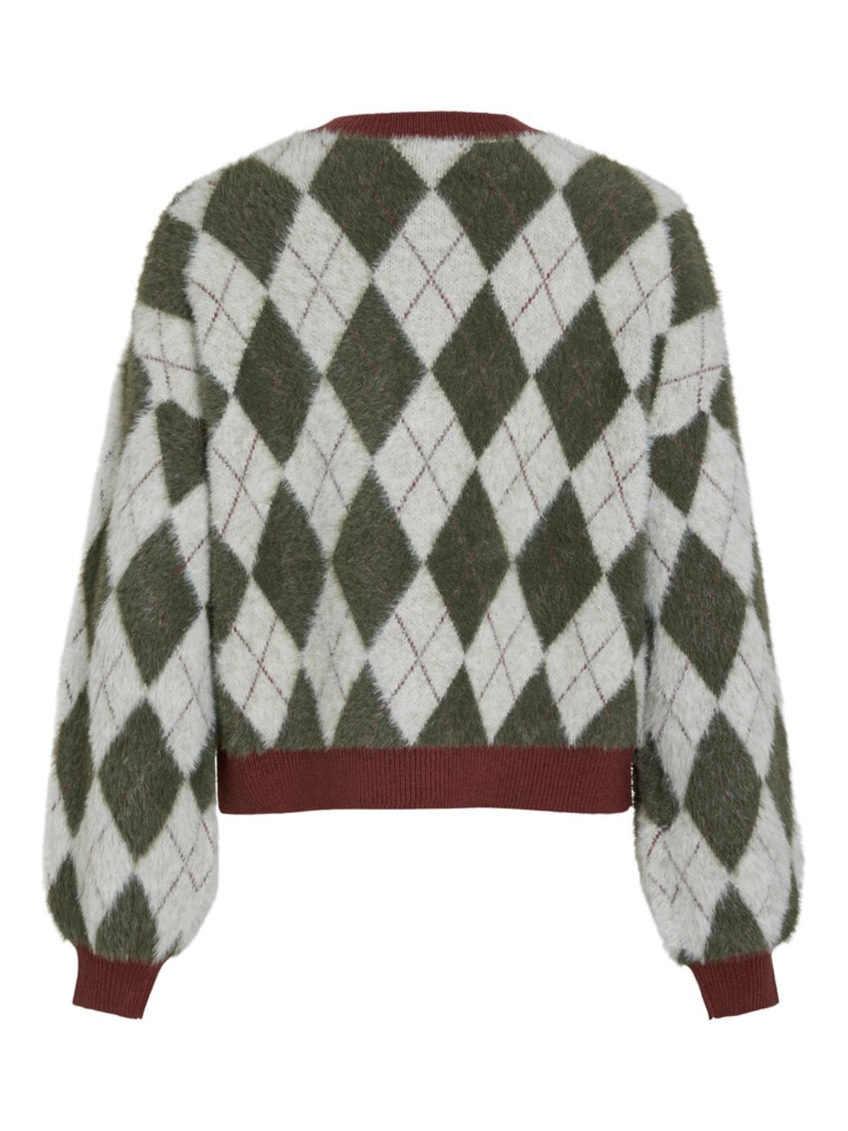 VITJEBBI Cardigan en maille argyle duveteuse, boutons dorés — VILA — Forest Night Checks — packshot, vue de dos 2 | Appart 17 Bruxelles