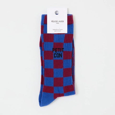 Chaussettes « Petit con » — Félicie Aussi — Damier bordeaux et bleu — photo produit | Appart 17 Bruxelles