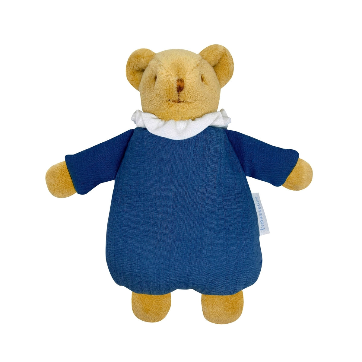 Doudou Ours Nid d'Ange avec hochet 20 cm, coton bio — Trousselier — Bleu denim — packshot | Appart 17 Bruxelles