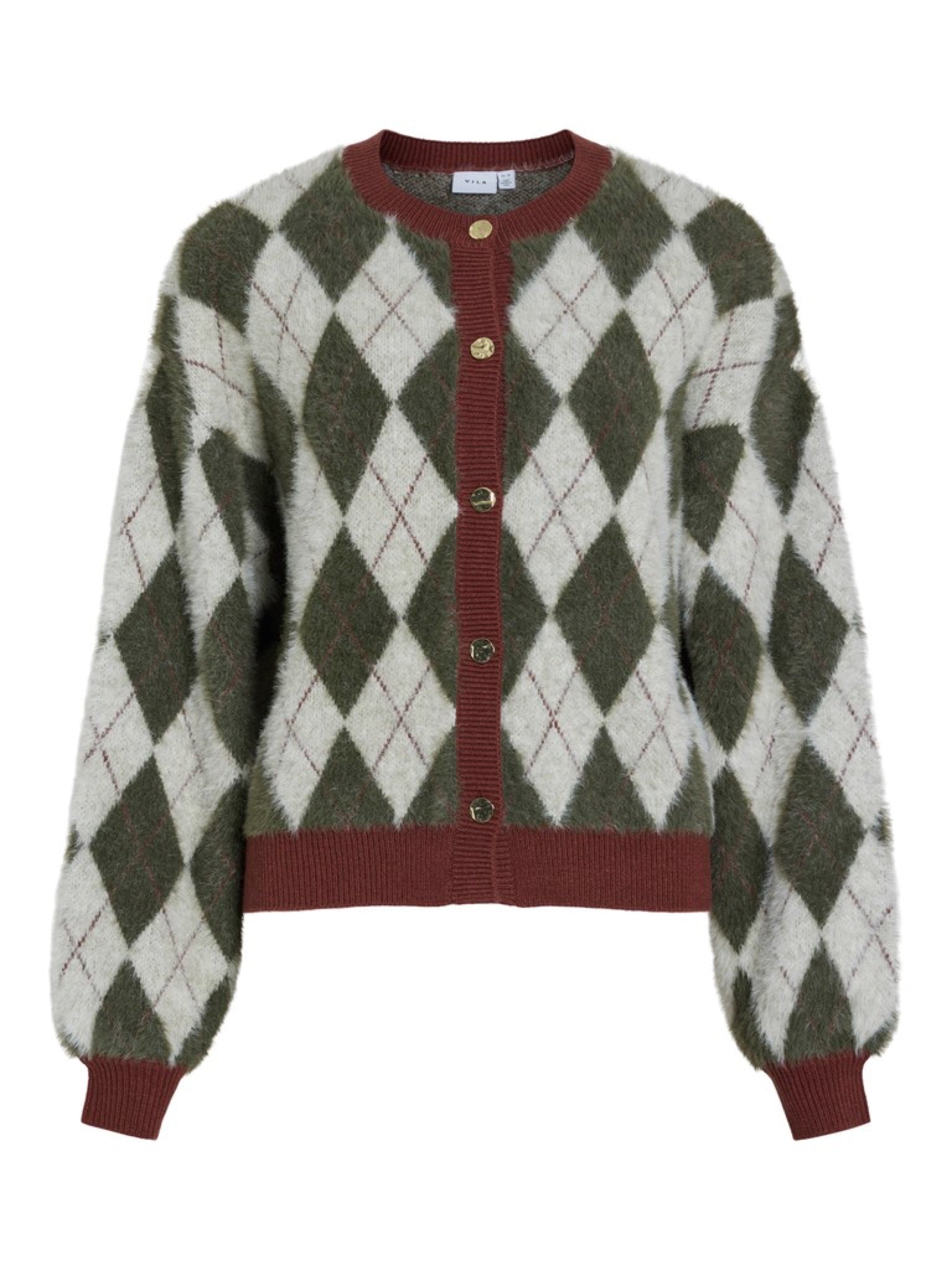 VITJEBBI Cardigan en maille argyle duveteuse, boutons dorés — VILA — Forest Night Checks — packshot | Appart 17 Bruxelles