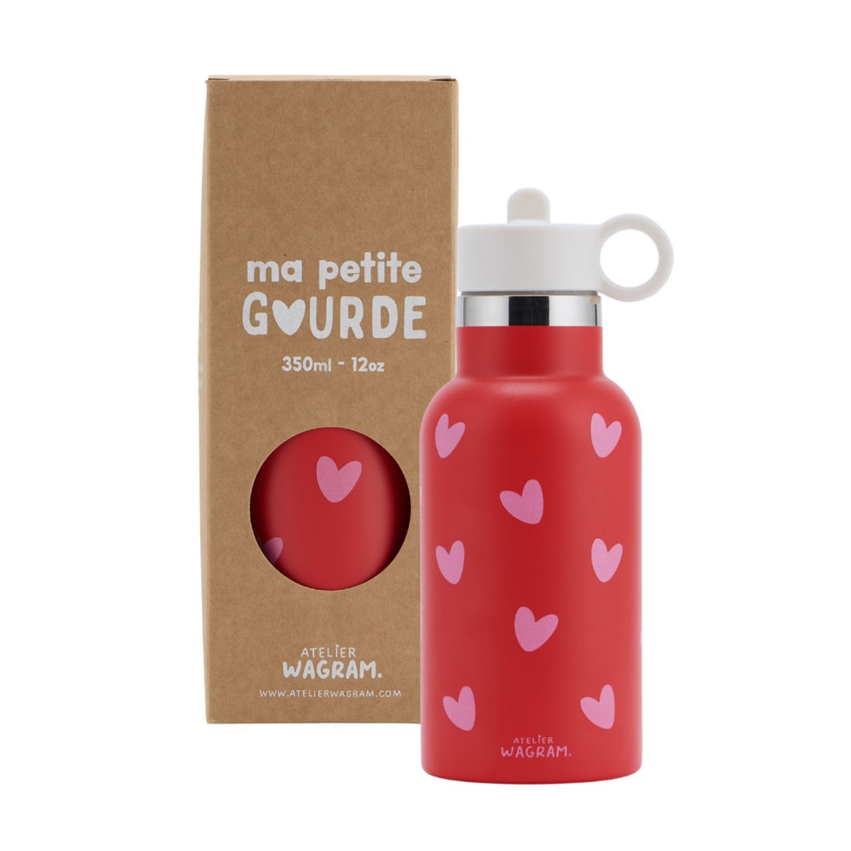 Gourde isotherme enfant 350 ml — Atelier Wagram — Rouge cœurs roses — packshot | Appart 17 Bruxelles
