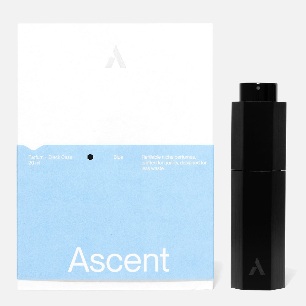 Ascent Starter Pack Étui rechargeable en aluminium + extrait de parfum 20 ml — Ascent — Blue — packshot, coffret et étui noir 4 | Appart 17 Bruxelles