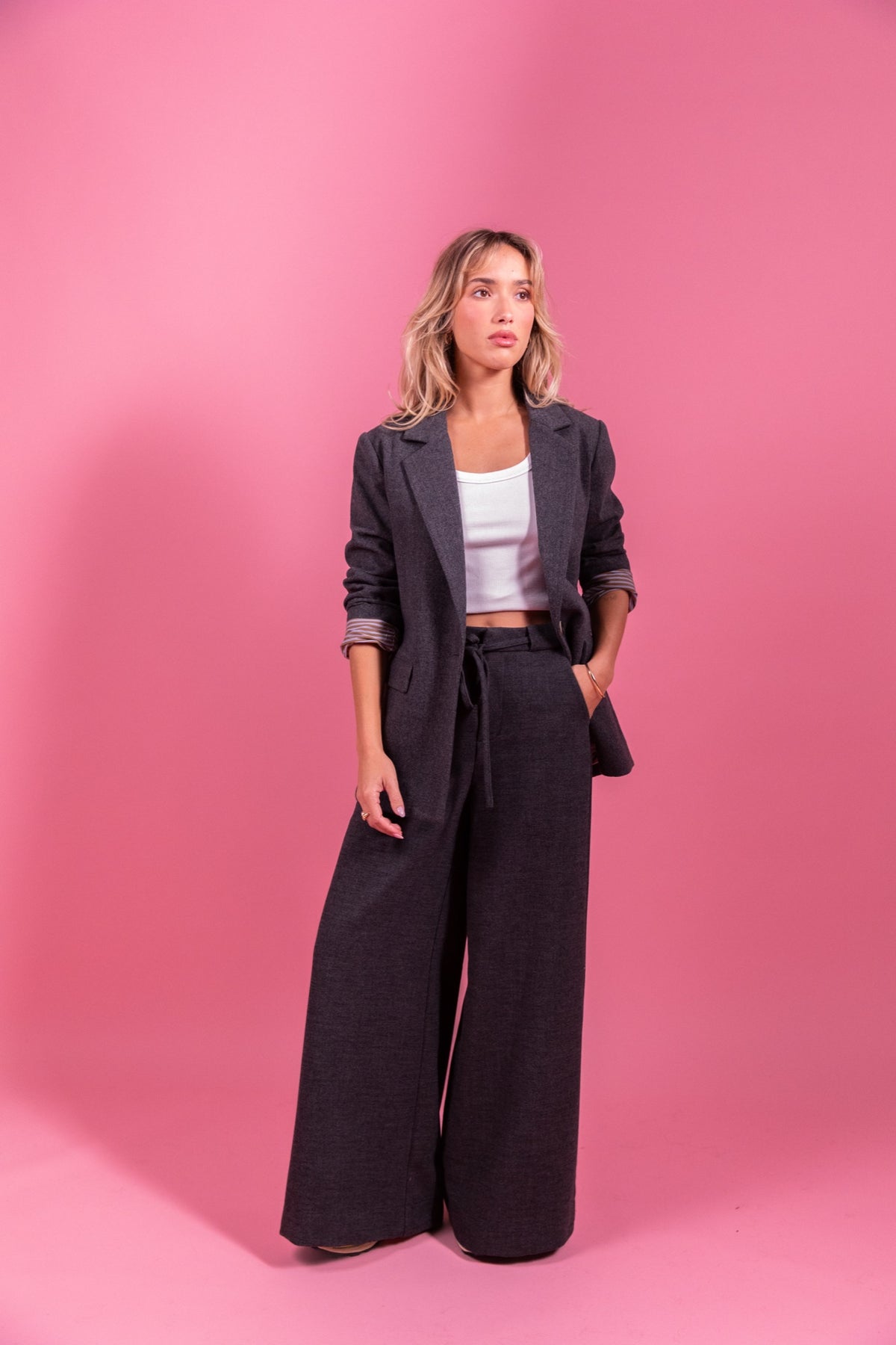 PATTY Pantalon large en maille mélangée laine — Gris — vue 2