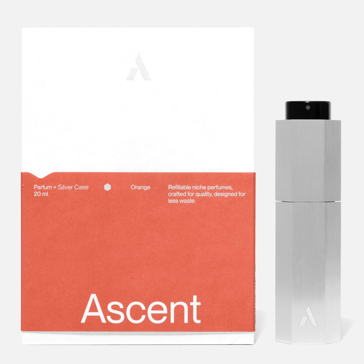 Ascent Starter Pack Étui rechargeable en aluminium + extrait de parfum 20 ml — Ascent — Orange — packshot, coffret et étui argent 4 | Appart 17 Bruxelles