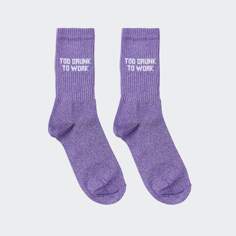 Chaussettes « Too drunk to work » pailletées — Félicie Aussi — Violet pailleté — photo produit | Appart 17 Bruxelles