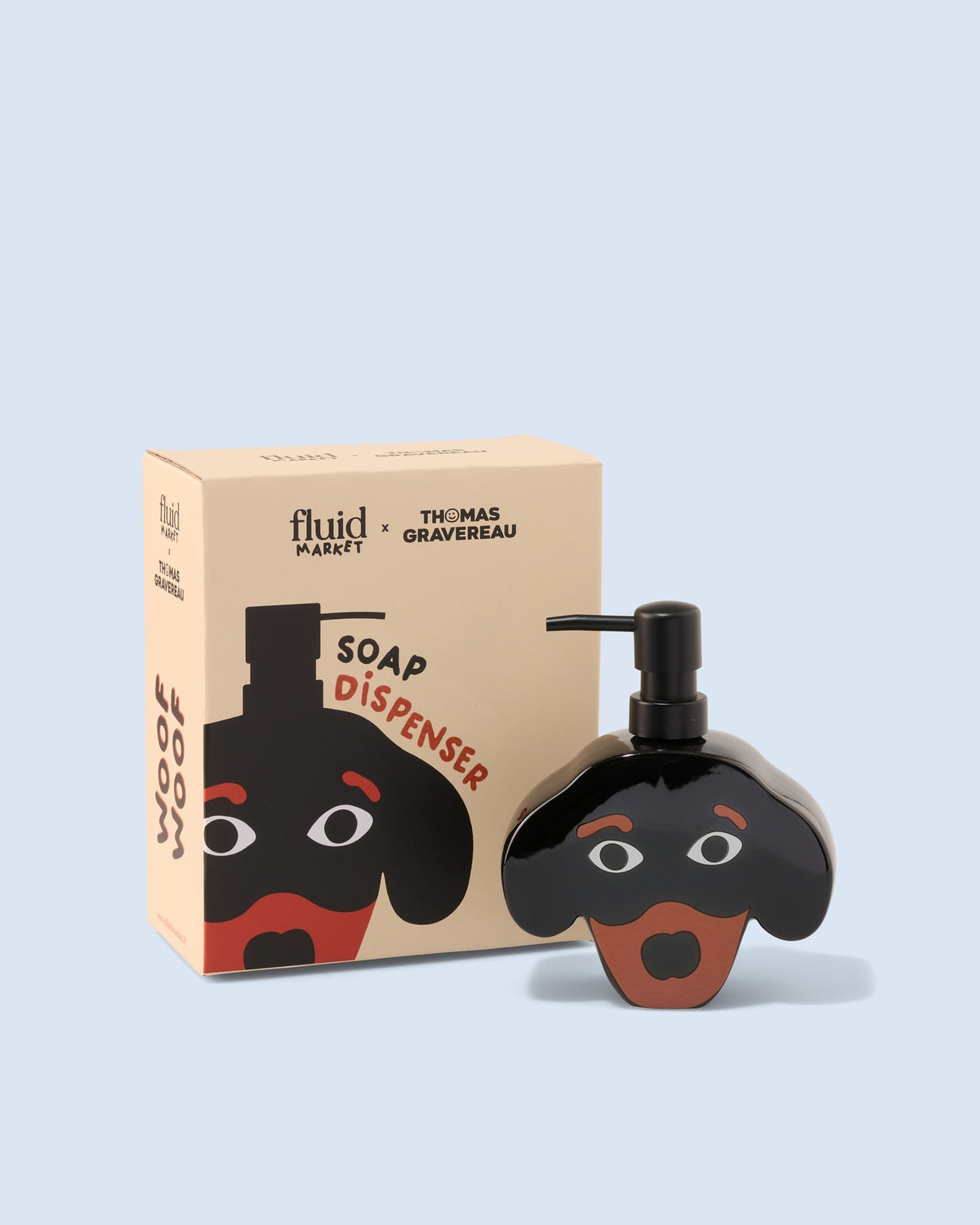 Fluid Market × Thomas Gravereau Distributeur de savon Teckel en céramique — Fluid Market — Noir & feu — packshot, coffret 4 | Appart 17 Bruxelles