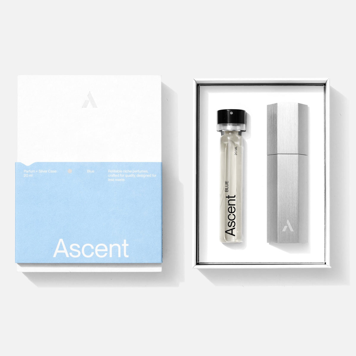 Ascent Starter Pack Étui rechargeable en aluminium + extrait de parfum 20 ml — Ascent — Blue — packshot, coffret ouvert, étui argent 3 | Appart 17 Bruxelles