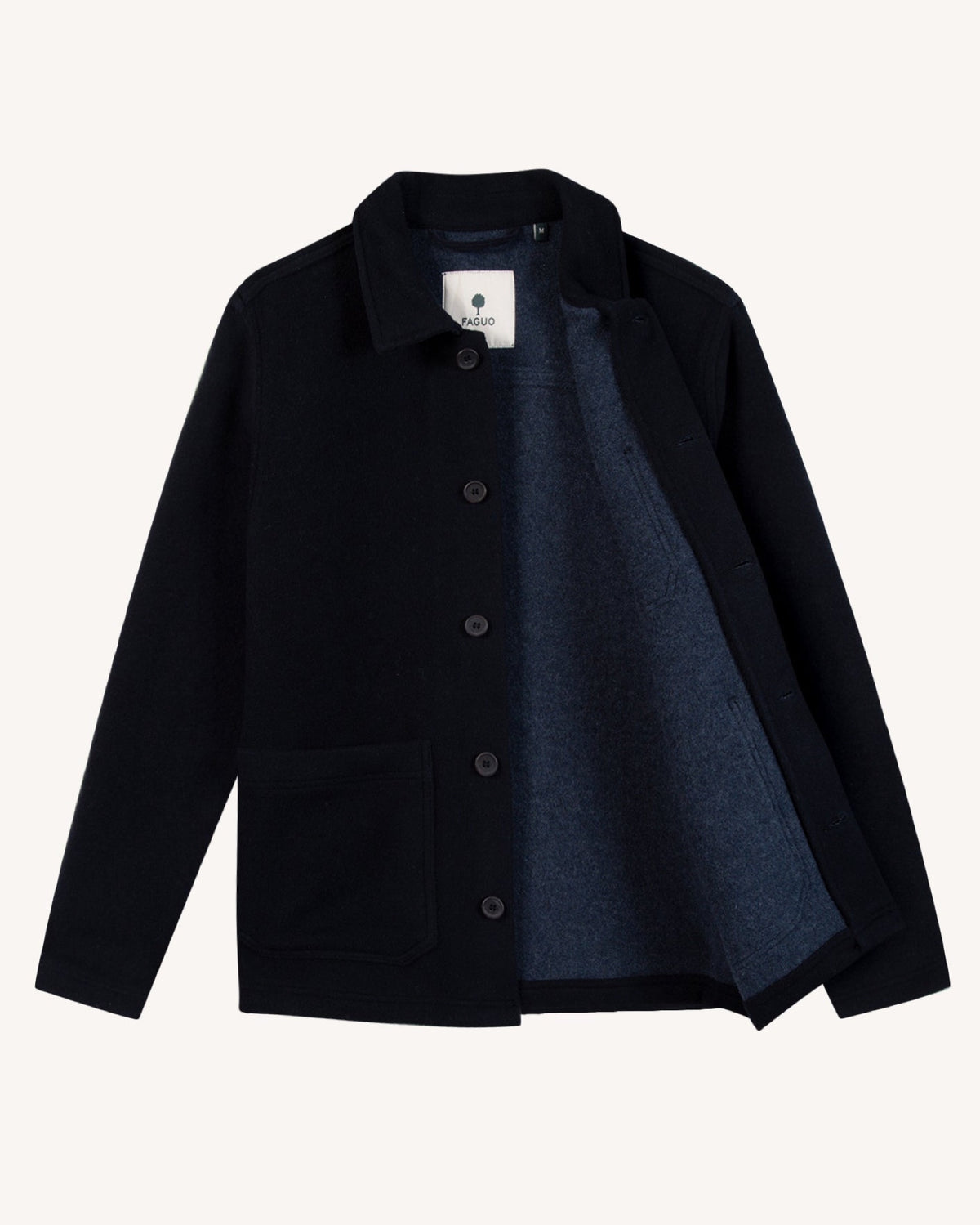 LORGE Veste workwear en lainage italien, poches plaquées — FAGUO — Bleu marine — packshot, ouverte 3 | Appart 17 Bruxelles