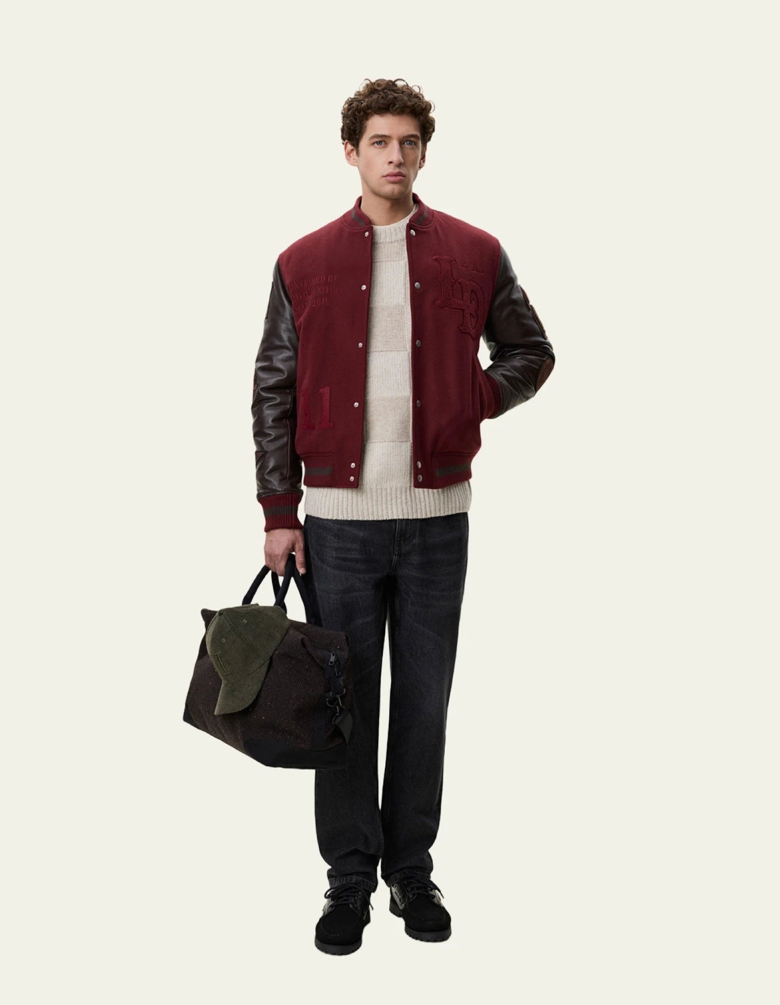 Varsity Veste teddy laine & cuir — Chocolate Truffle Red — vue 2