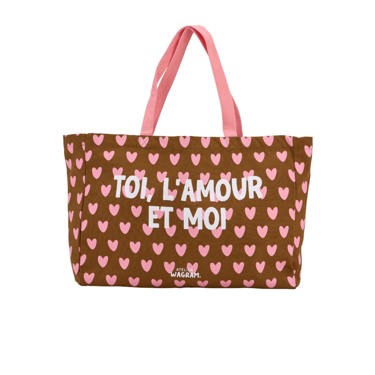 Cabas XL en toile de coton à message — Atelier Wagram — « Toi, l'amour et moi » marron et rose — packshot | Appart 17 Bruxelles