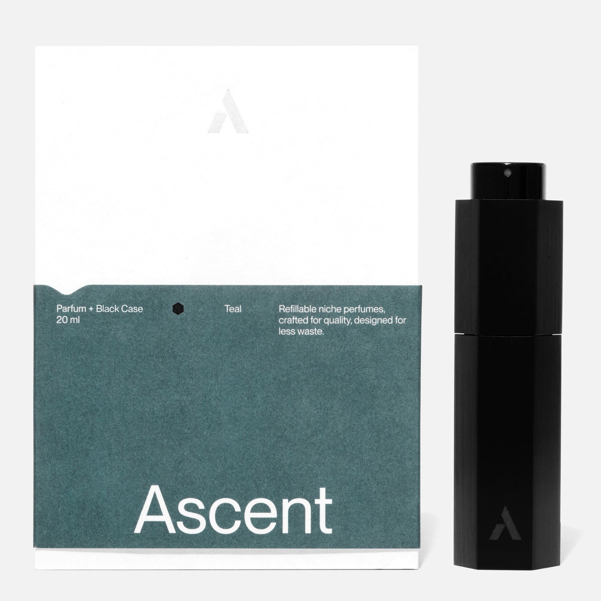 Ascent Starter Pack Étui rechargeable en aluminium + extrait de parfum 20 ml — Ascent — Teal — packshot, coffret et étui noir 4 | Appart 17 Bruxelles