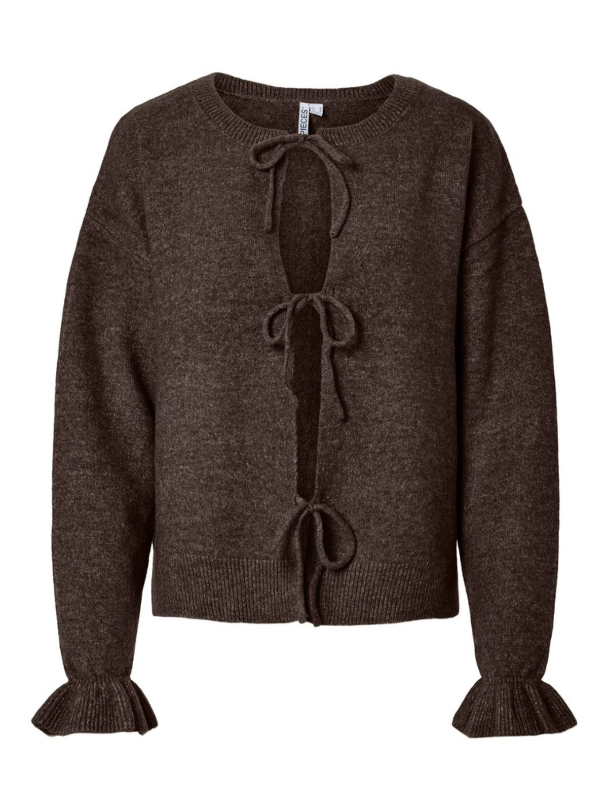 PCSALLY Cardigan réversible à nouer et poignets volantés — Pieces — Hot Fudge Melange — packshot | Appart 17 Bruxelles