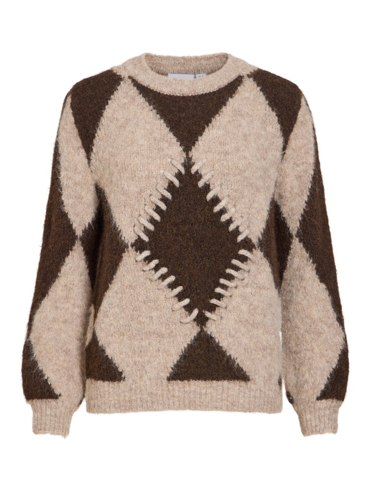 VITORA Pull en jacquard à losanges et point de feston — VILA — Natural Melange / Coffee Bean — packshot 6 | Appart 17 Bruxelles
