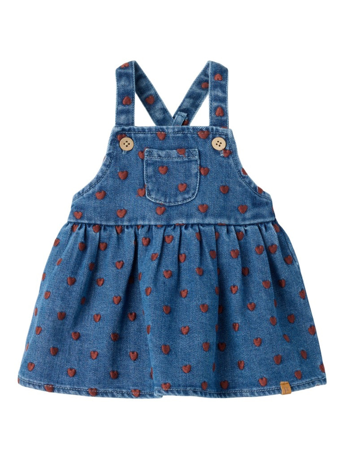 NBFLIVA Salopette-jupe en jean à cœurs bébé fille — Lil' Atelier — Dark Blue Denim Hearts — vue de face | Appart 17 Bruxelles