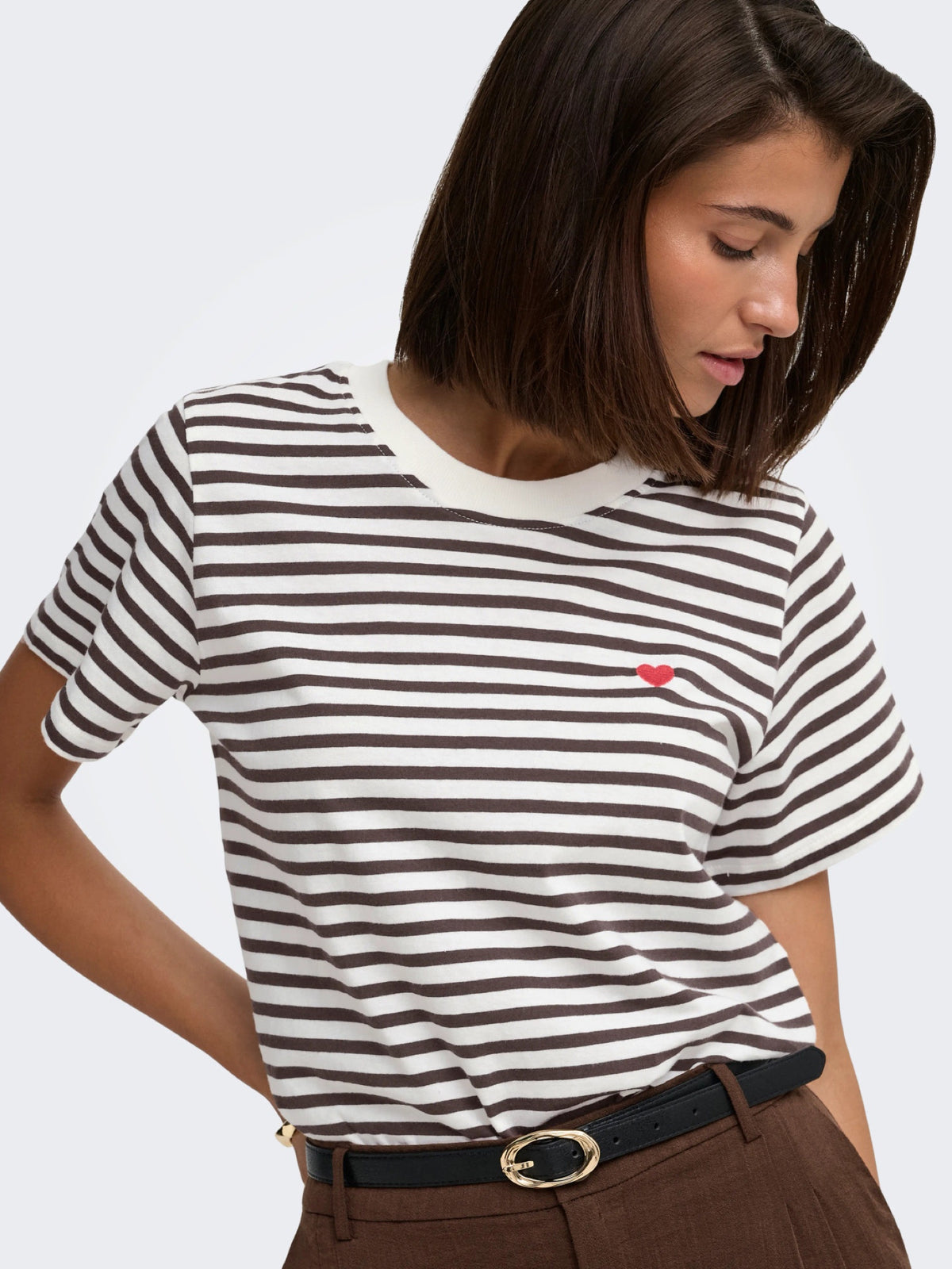 JDYPISA T-shirt col rond en coton bio à imprimé — JDY — Cloud Dancer / New Stripe Chocolate Torte — détail | Appart 17 Bruxelles