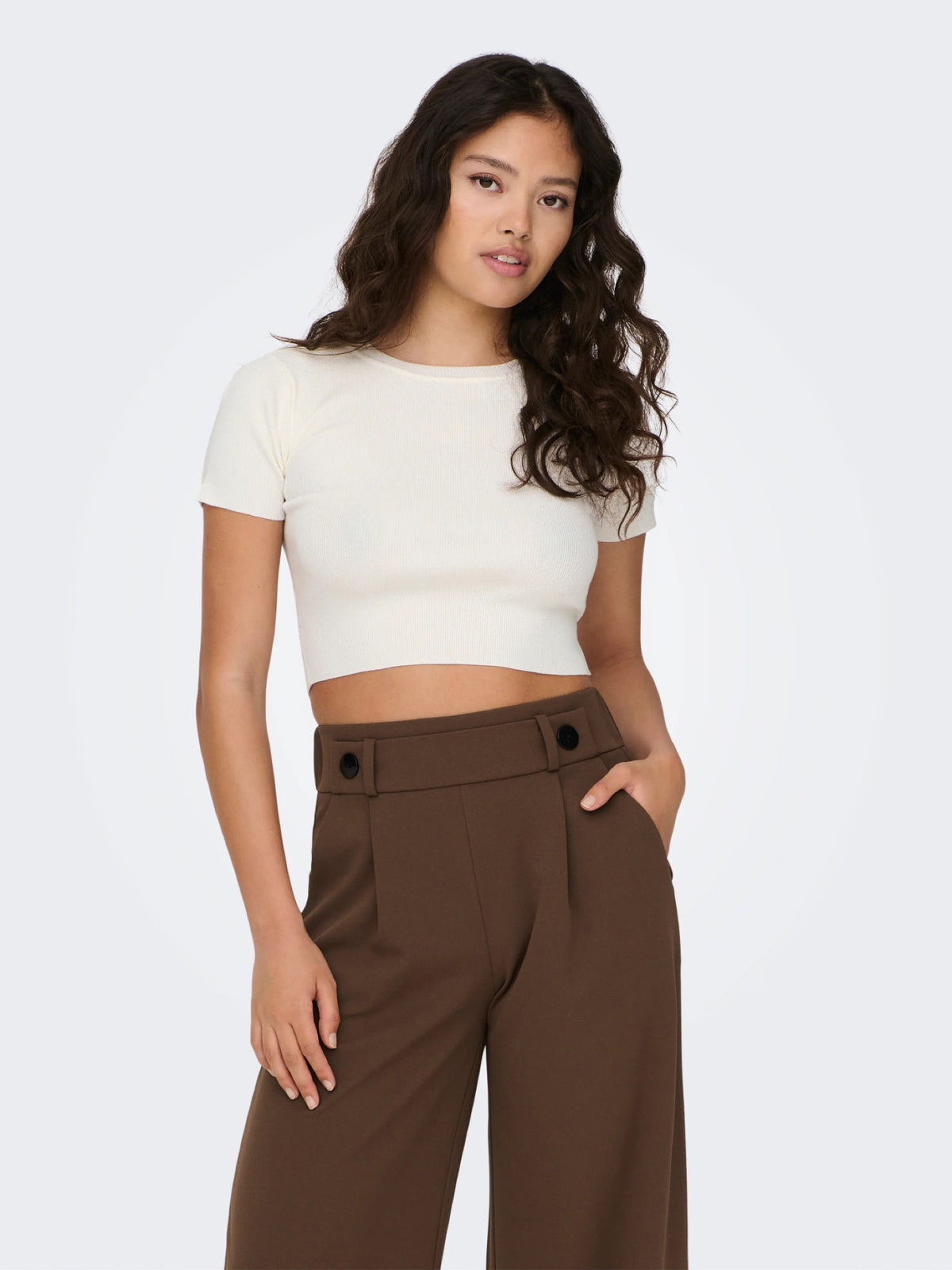 JDYCIRKELINE Crop top en maille fine manches courtes — JDY — Cloud Dancer — porté, vue de face | Appart 17 Bruxelles