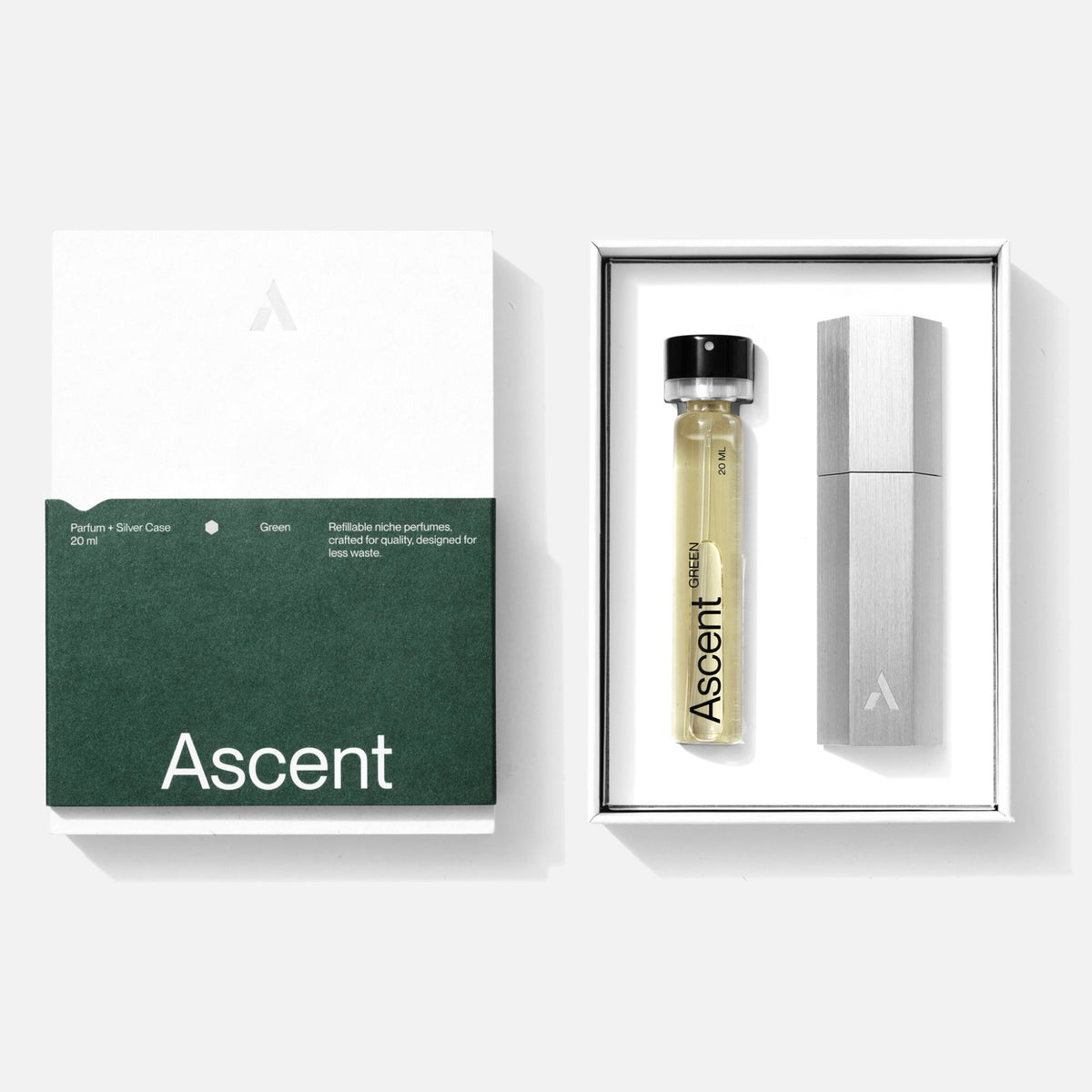 Ascent Starter Pack Étui rechargeable en aluminium + extrait de parfum 20 ml — Ascent — Green — packshot, coffret ouvert, étui argent 3 | Appart 17 Bruxelles