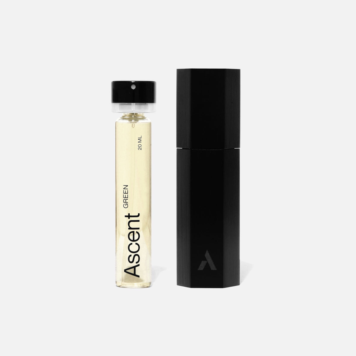 Ascent Starter Pack Étui rechargeable en aluminium + extrait de parfum 20 ml — Ascent — Green — packshot, recharge et étui noir 2 | Appart 17 Bruxelles