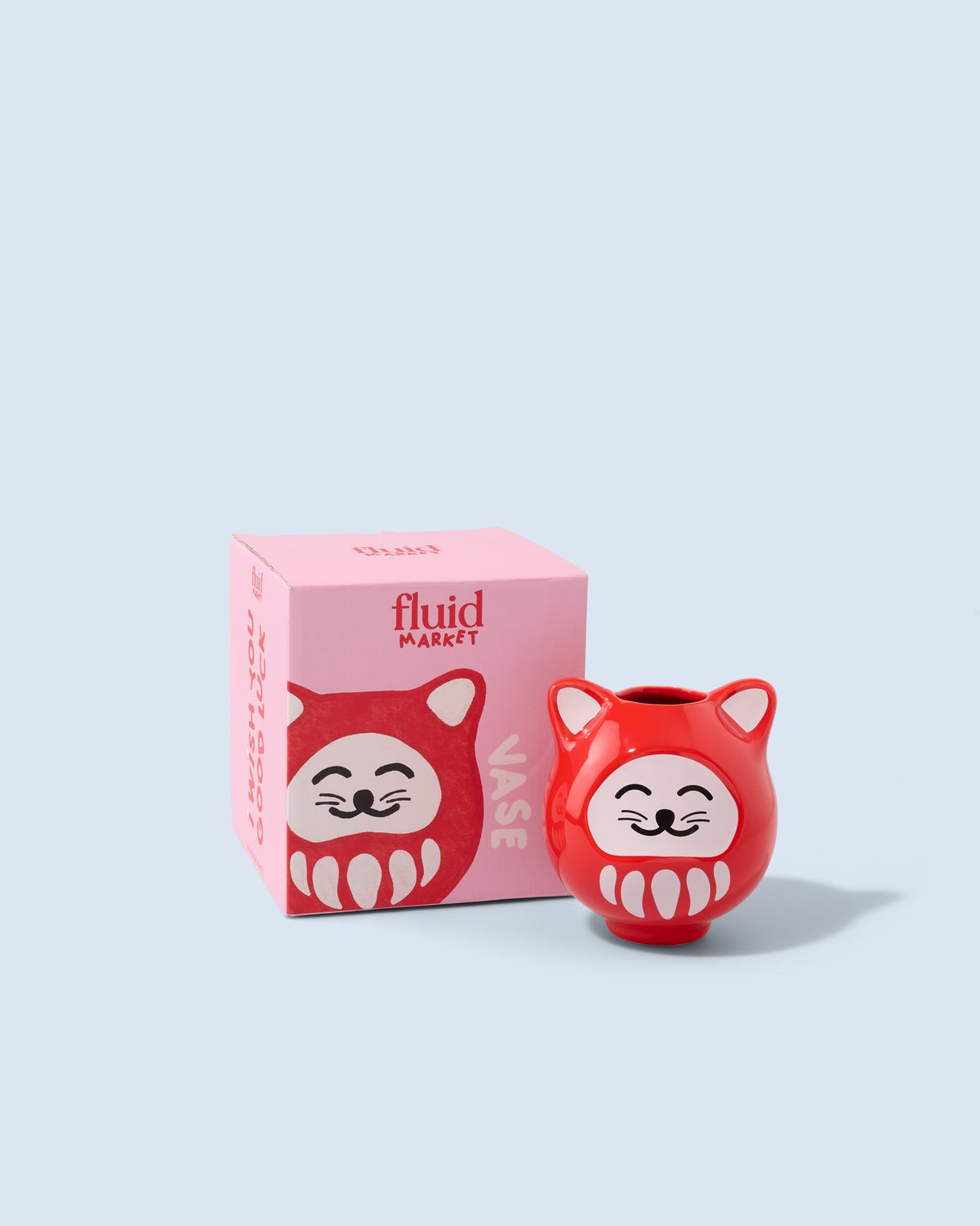 Fluid Market Vase Daruma chat porte-bonheur en céramique — Fluid Market — Rouge — packshot, coffret 3 | Appart 17 Bruxelles