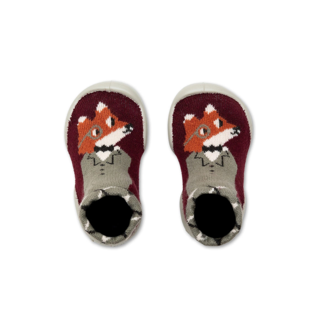 Chaussons-chaussettes Ernest au renard à monocle — Collégien — Ernest — paire vue de dessus, renard à monocle sur fond bordeaux | Appart 17 Bruxelles