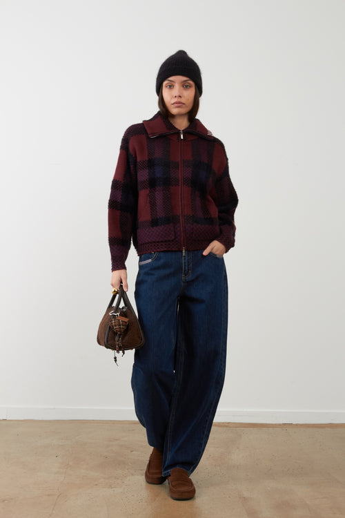 PALOMEE Veste-gilet zippée à carreaux en maille — Navy