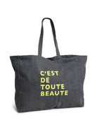 PCSASTRO Tote bag en coton à slogan — Pieces — Black Washed/neon yellow — packshot | Appart 17 Bruxelles