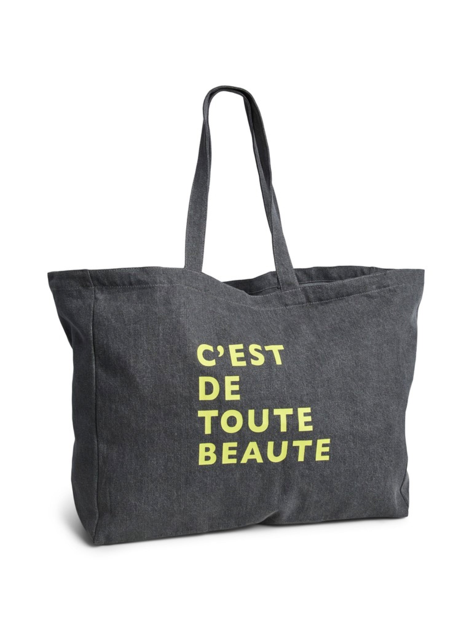 PCSASTRO Tote bag en coton à slogan — Pieces — Black Washed/neon yellow — packshot | Appart 17 Bruxelles