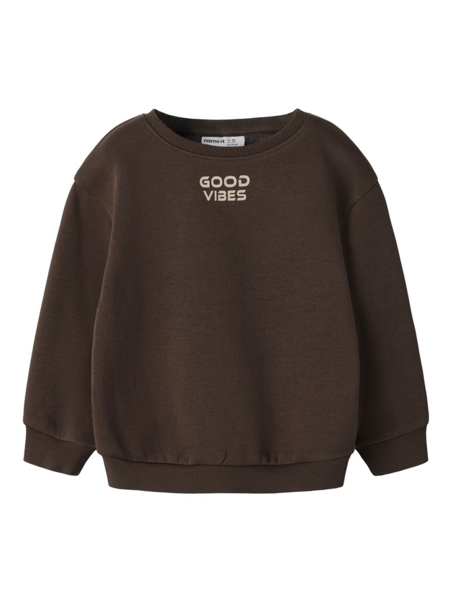 NMMNILAS Sweat « Good Vibes » garçon — name it — Chocolate Brown — vue de face | Appart 17 Bruxelles