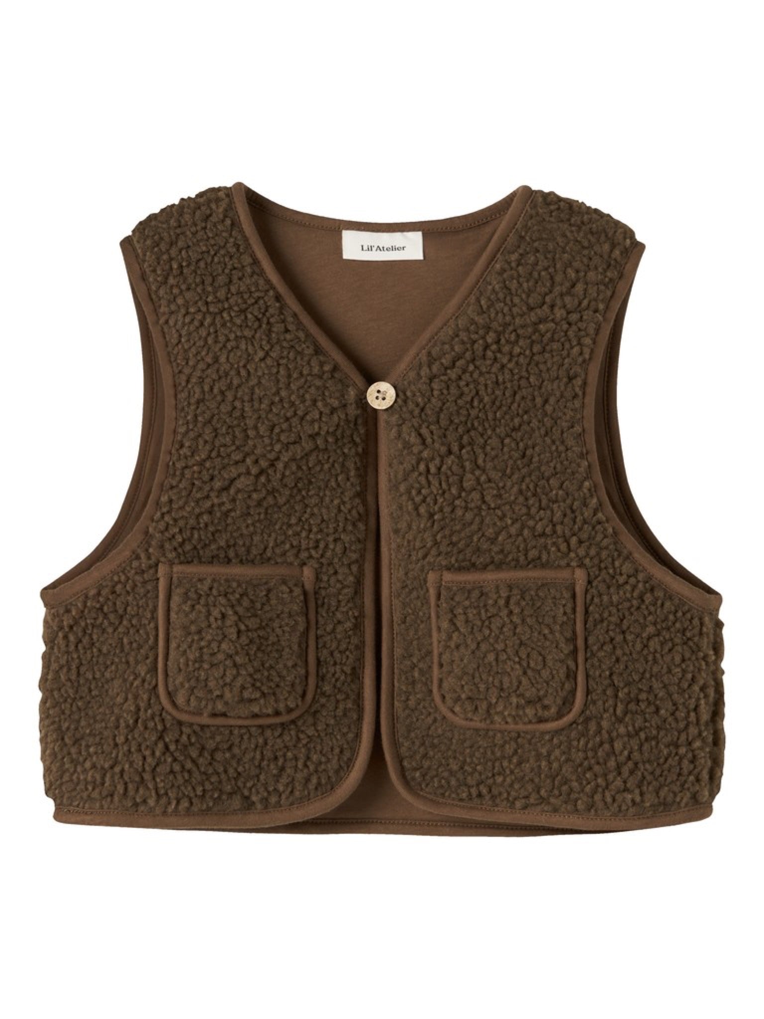 NMNJONO Gilet sans manches en sherpa enfant — Lil' Atelier — Teak — vue de face | Appart 17 Bruxelles