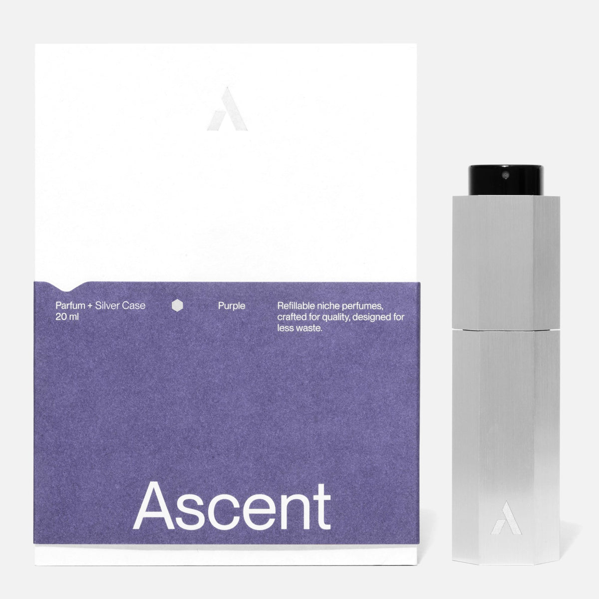 Ascent Starter Pack Étui rechargeable en aluminium + extrait de parfum 20 ml — Ascent — Purple — packshot, coffret et étui argent 5 | Appart 17 Bruxelles