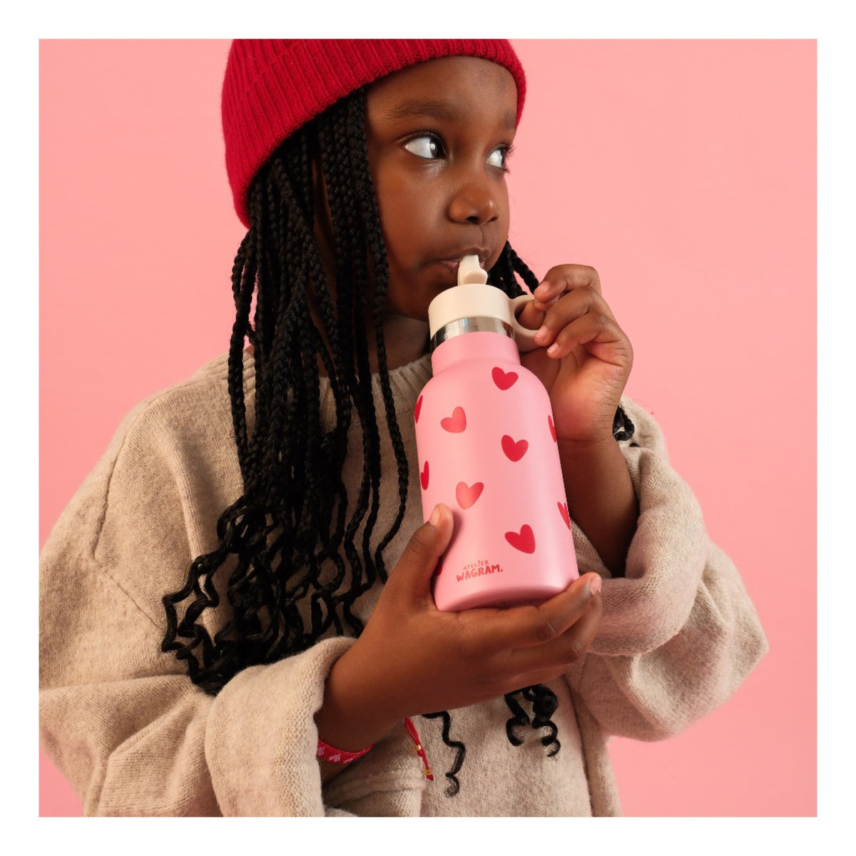 Gourde isotherme enfant 350 ml — Atelier Wagram — Rose cœurs rouges — autre vue 2 | Appart 17 Bruxelles
