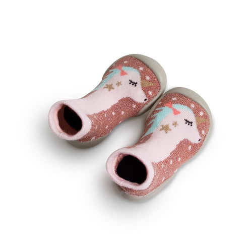 Chaussons-chaussettes Licorne sur fond rose pailleté à pois — Collégien