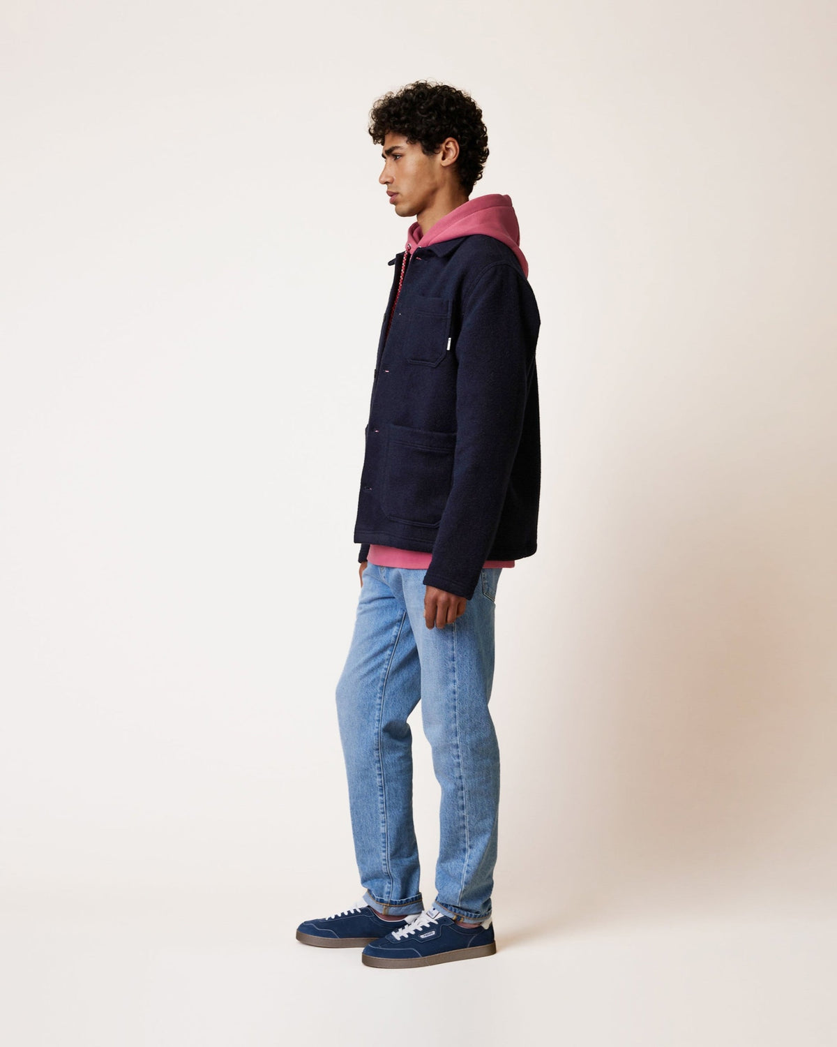 LORGE Veste workwear en lainage italien, poches plaquées — FAGUO — Bleu marine — porté 4 | Appart 17 Bruxelles