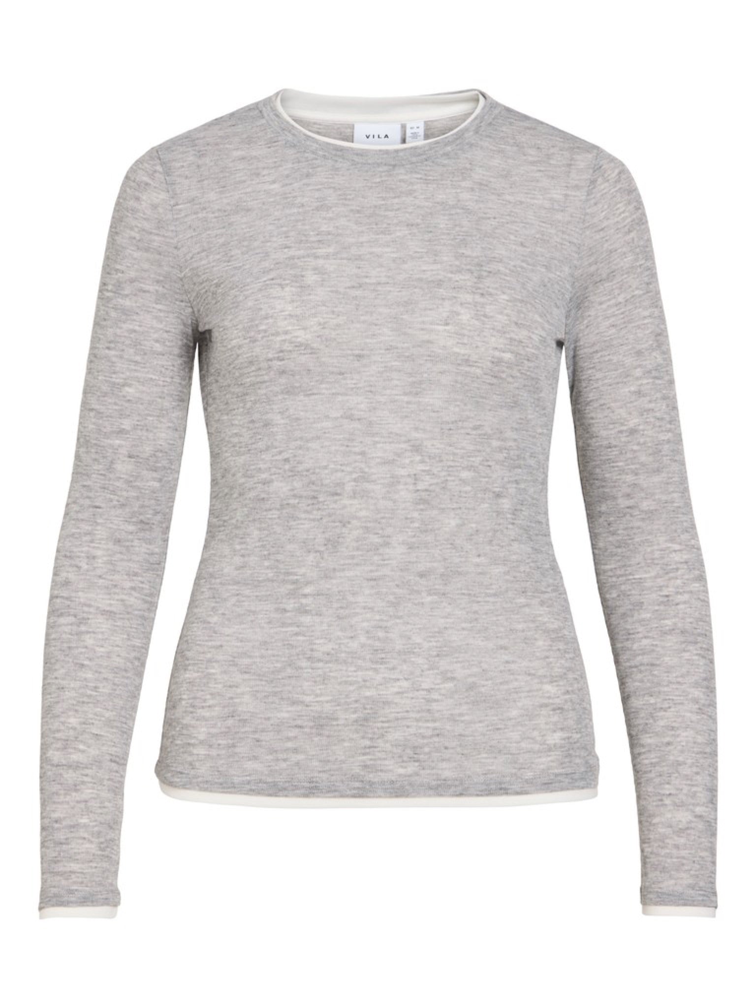 VIELIANNE Top manches longues col rond en maille côtelée fine — VILA — Light Grey Melange — packshot | Appart 17 Bruxelles