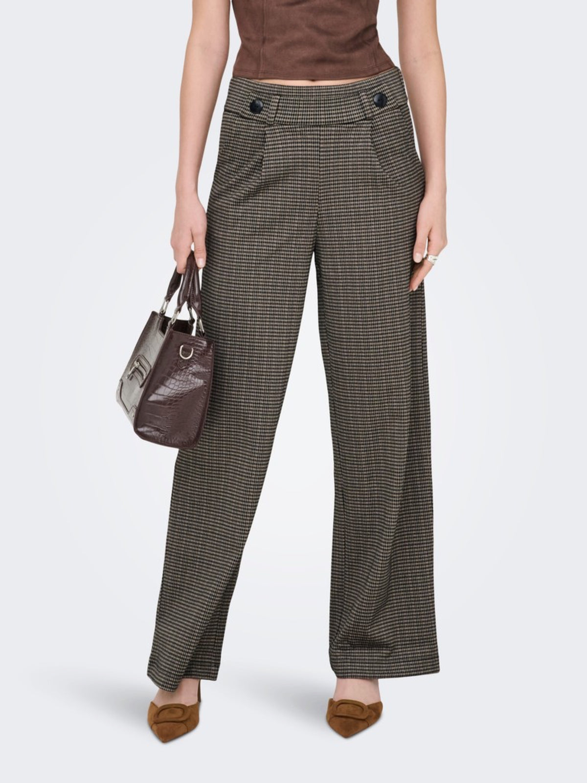 JDYGEGGO Pantalon large à carreaux taille haute — JDY — Cobblestone MINI CHECK — porté | Appart 17 Bruxelles