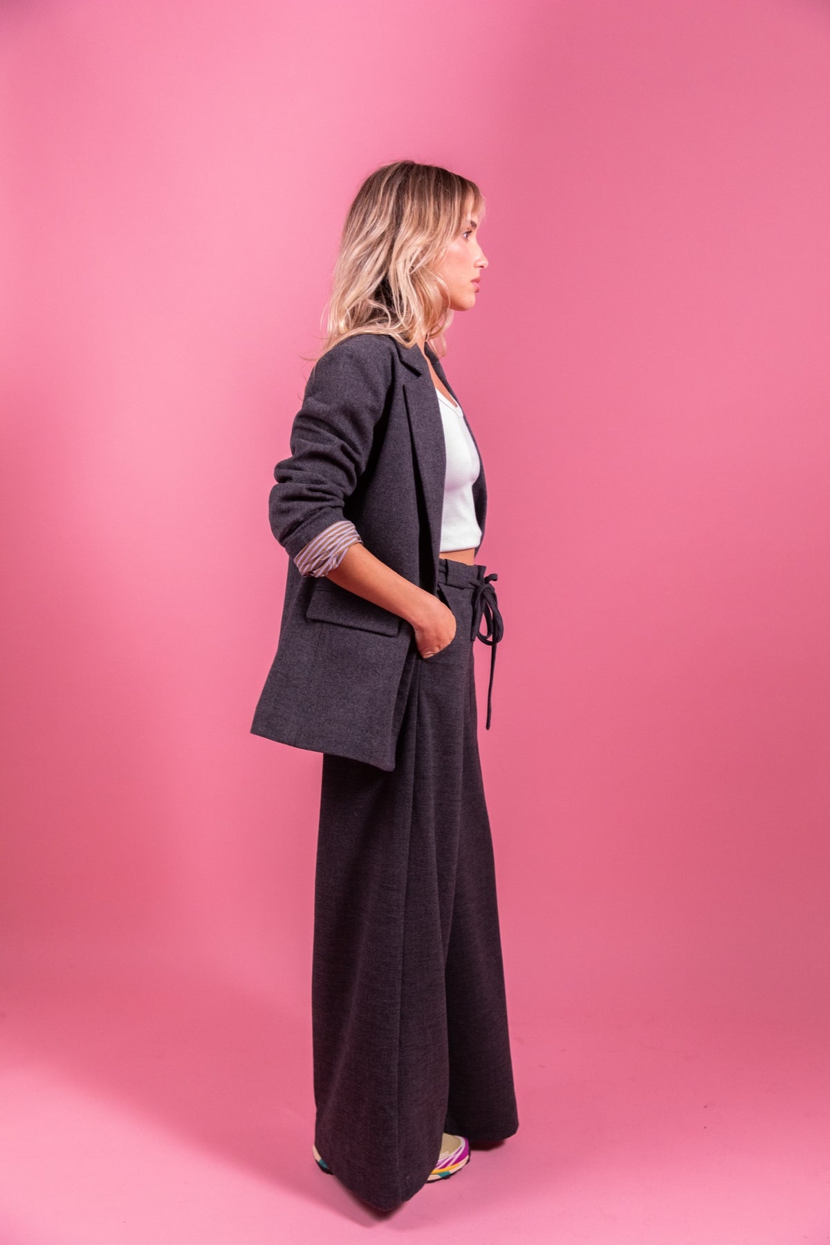 PATTY Pantalon large en maille mélangée laine — Gris — vue 3