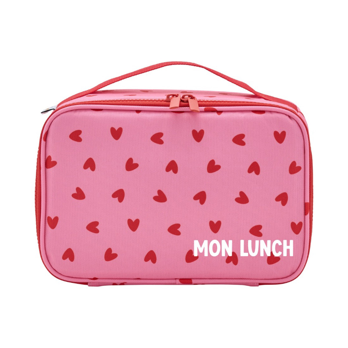 Lunch bag isotherme enfant — Atelier Wagram — Cœurs rouges fond rose « Amour » — packshot | Appart 17 Bruxelles
